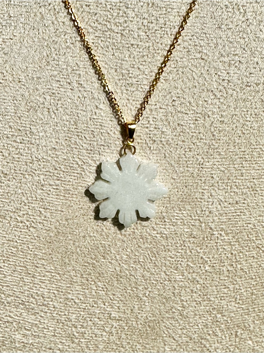 Gold Chain Necklace with White Burmese Jade Sun Pendant
